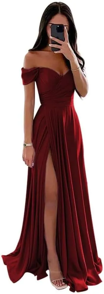 Off Shoulder Bridesmaid Dresses Satin a line Long Gowns for Women Formal with Pocket
