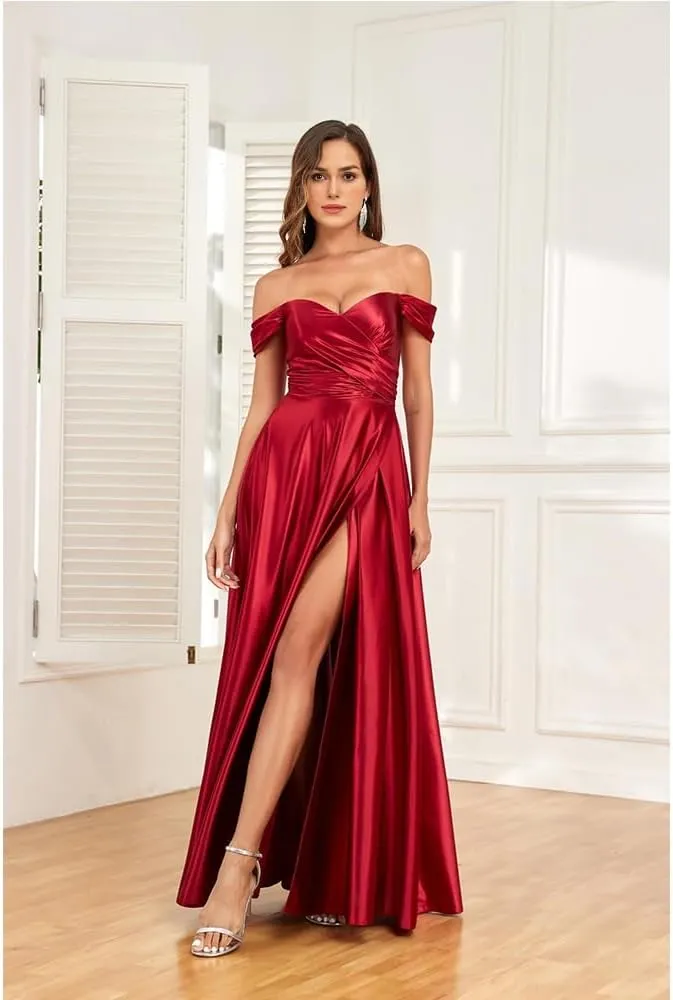 Off Shoulder Bridesmaid Dresses Satin a line Long Gowns for Women Formal with Pocket
