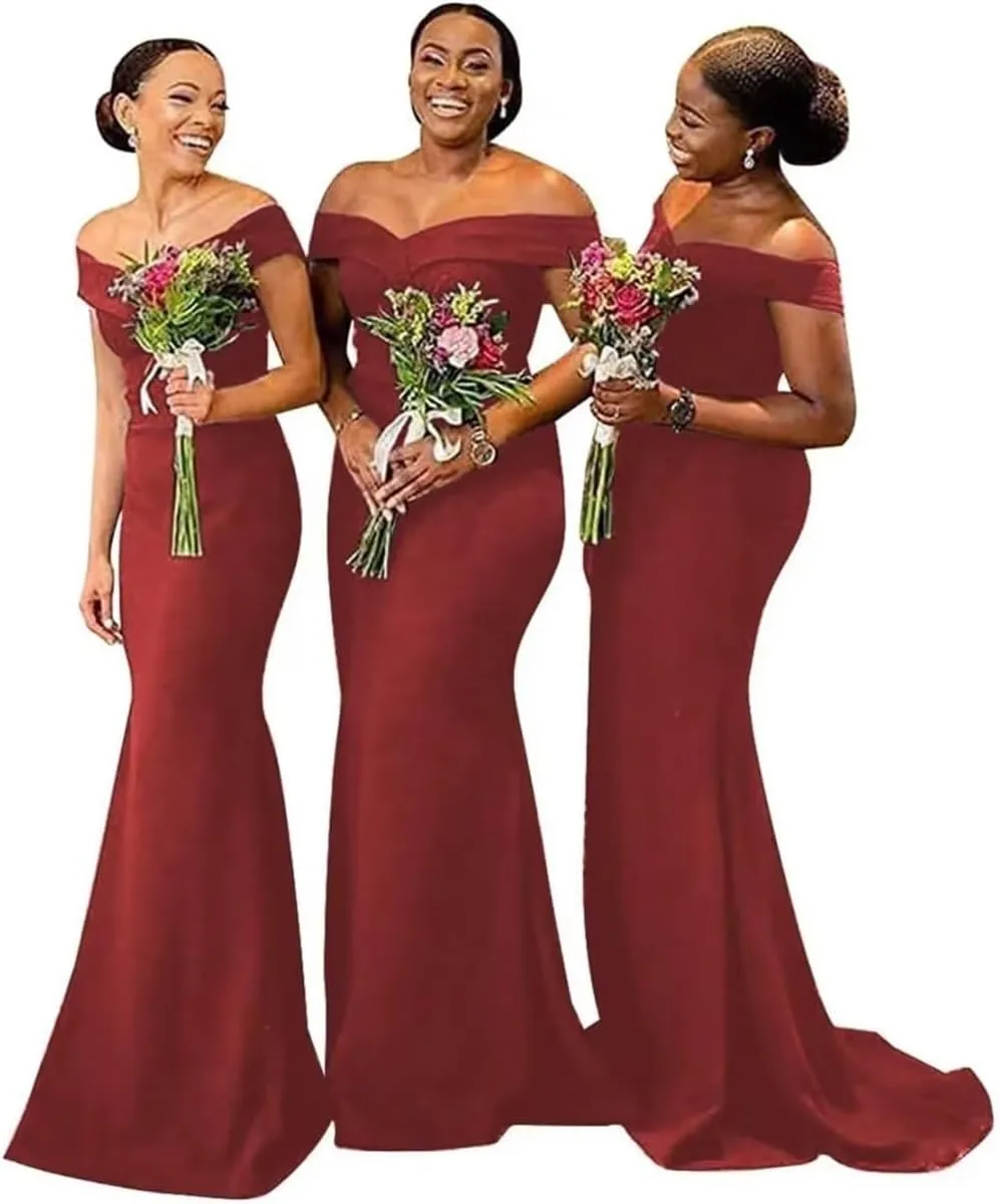 Off Shoulder Mermaid Bridesmaid Dresses for Wedding Satin Formal Evening Gowns Bodycon Prom Dress with Train