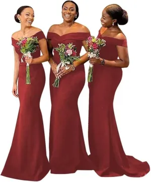 Off Shoulder Mermaid Bridesmaid Dresses for Wedding Satin Formal Evening Gowns Bodycon Prom Dress with Train
