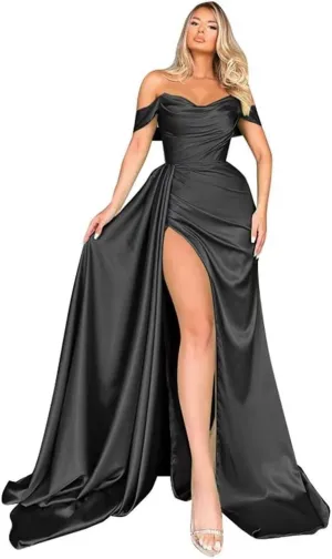 Off Shoulder Satin Bridesmaid Dresses Mermaid Wedding Dress Ruched Satin Prom Dresses Long for Women with Cape