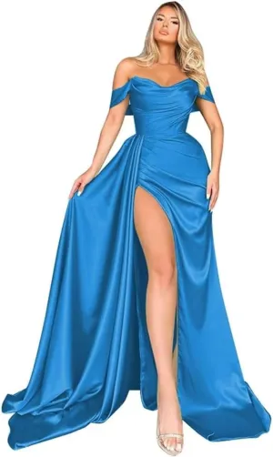 Off Shoulder Satin Bridesmaid Dresses Mermaid Wedding Dress Ruched Satin Prom Dresses Long for Women with Cape