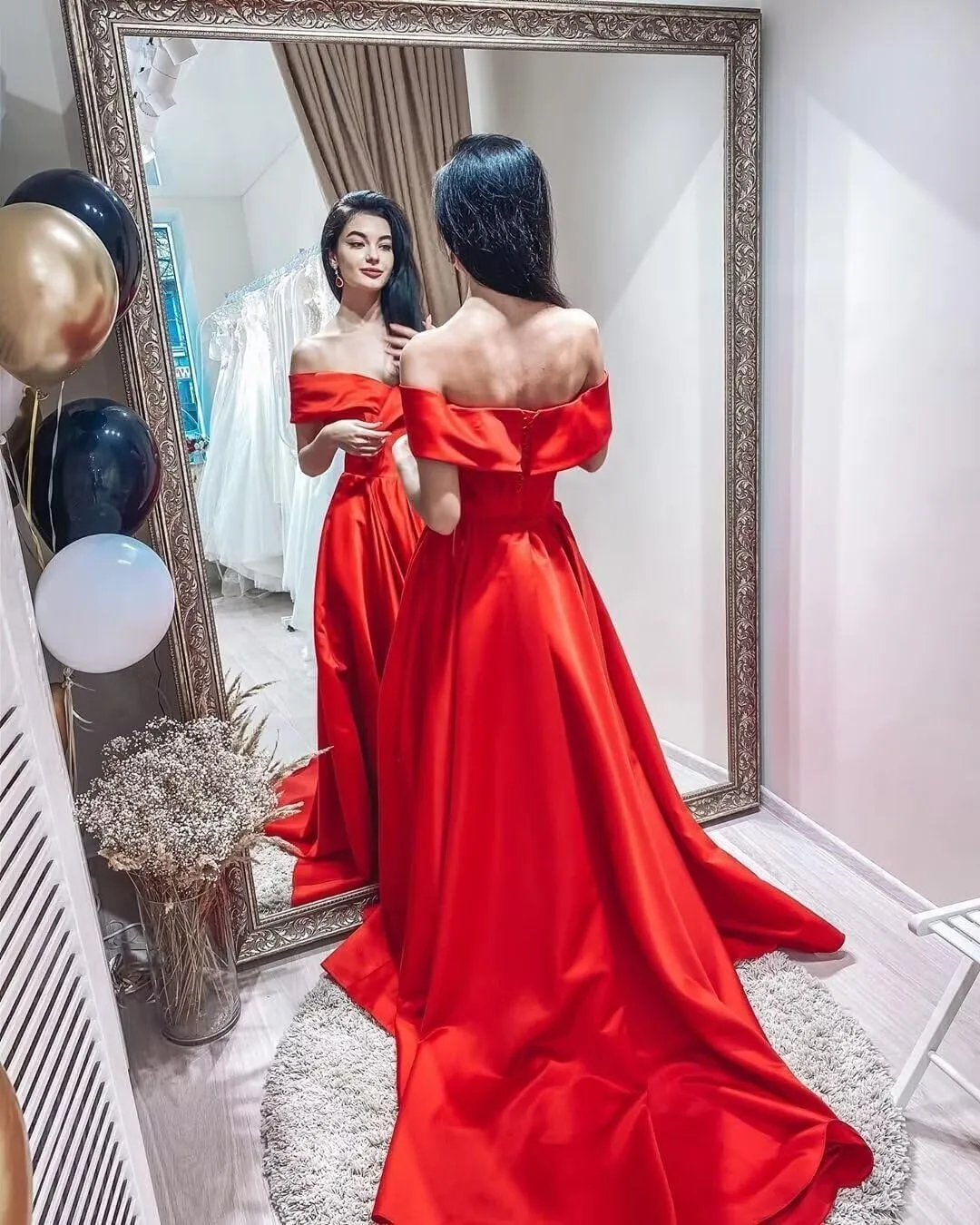 Off Shoulder Satin Prom Dresses Ball Gown Plus Size Formal Dresses for Women Wedding Dress with Slit