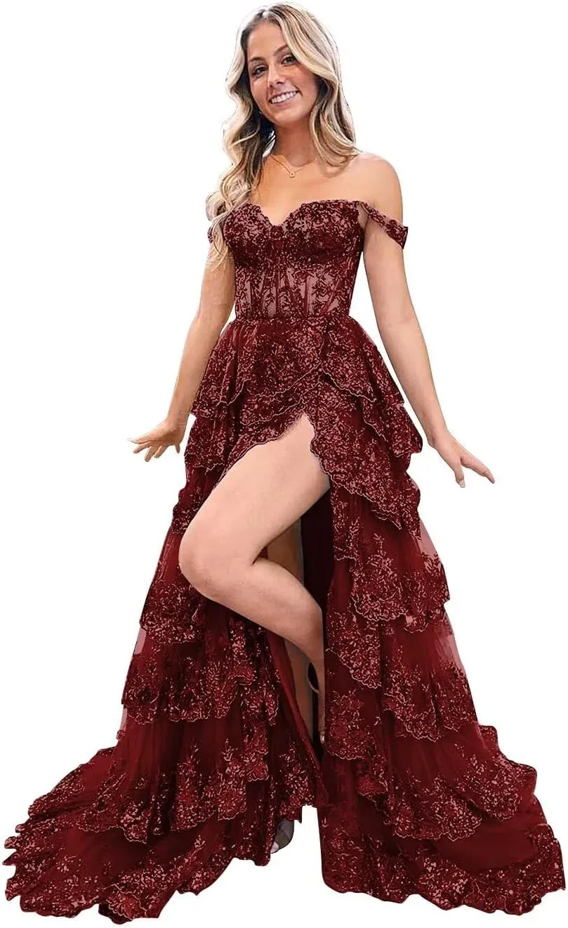 Off Shoulder Tiered Lace Prom Dresses 2025 Long Ball Gowns for Women Formal Sparkly Sequin Corset Wedding Gown with Slit