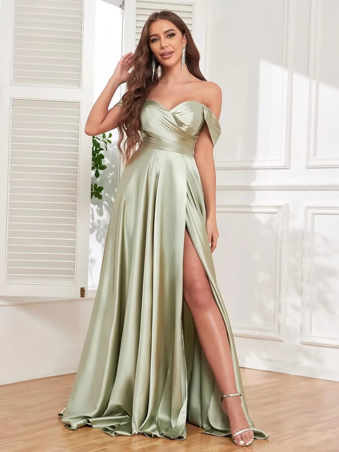 Off The Shoulder Bridesmaid Dresses for Women Long Pleated Satin Formal Dresses Evening Gown
