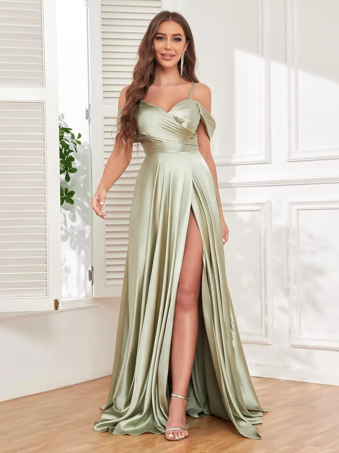 Off The Shoulder Bridesmaid Dresses for Women Long Pleated Satin Formal Dresses Evening Gown