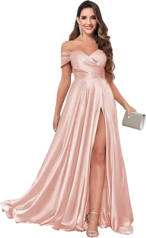 Off The Shoulder Bridesmaid Dresses for Women Long Pleated Satin Formal Dresses Evening Gown