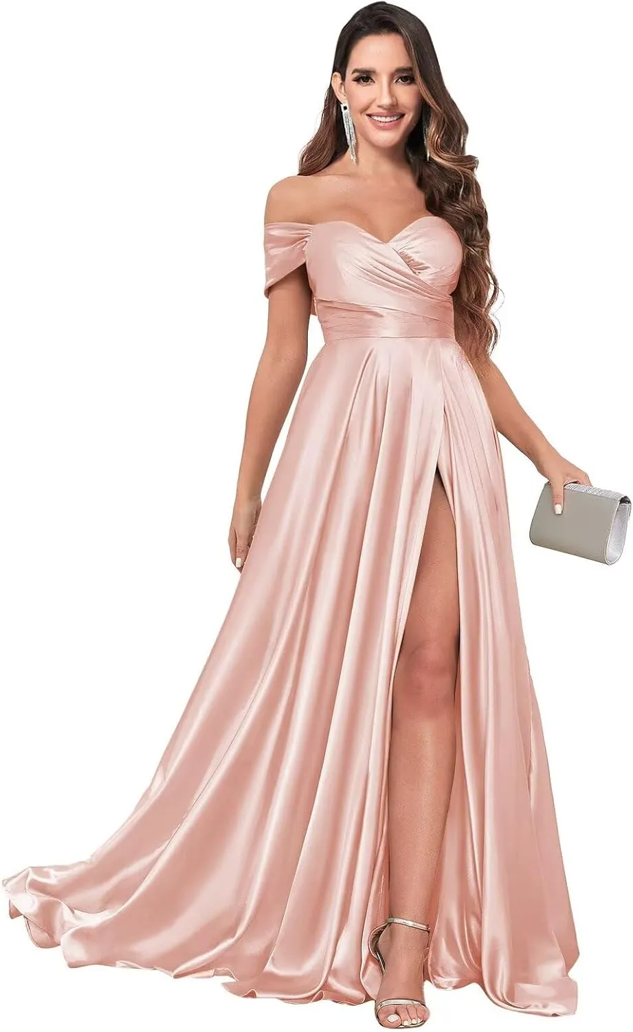 Off The Shoulder Bridesmaid Dresses for Women Long Pleated Satin Formal Dresses Evening Gown