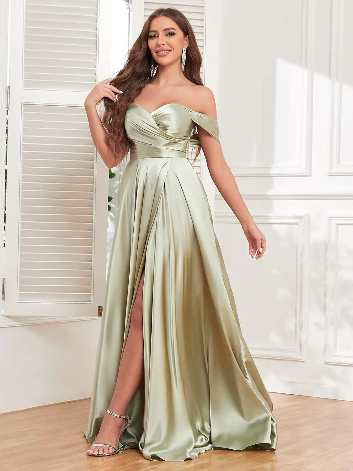 Off The Shoulder Bridesmaid Dresses for Women Long Pleated Satin Formal Dresses Evening Gown
