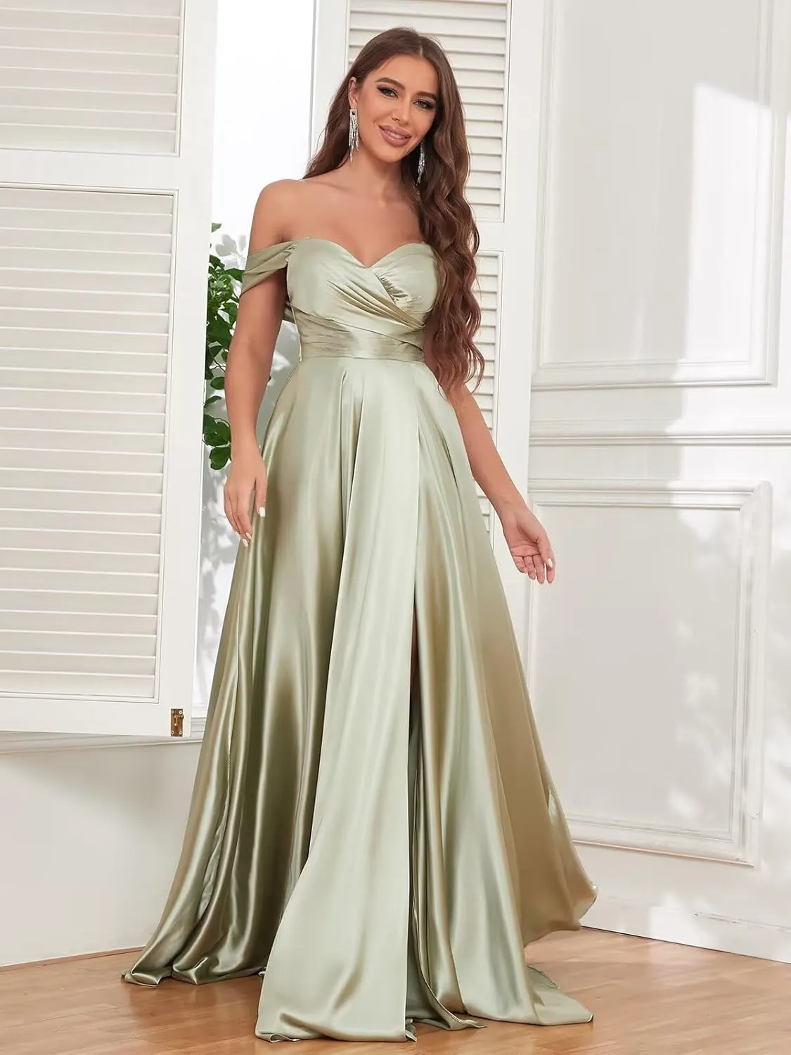 Off The Shoulder Bridesmaid Dresses for Women Long Pleated Satin Formal Dresses Evening Gown