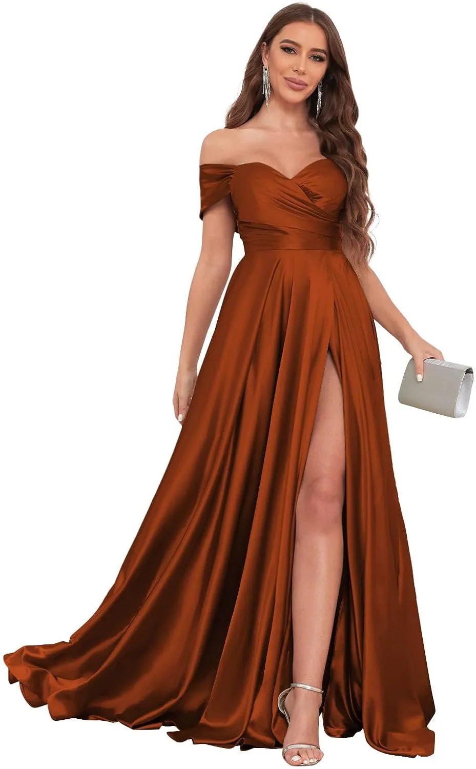 Off The Shoulder Bridesmaid Dresses for Women with Slit Satin Prom Dress Long Formal Gown