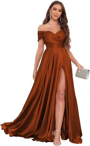 Off The Shoulder Bridesmaid Dresses for Women with Slit Satin Prom Dress Long Formal Gown