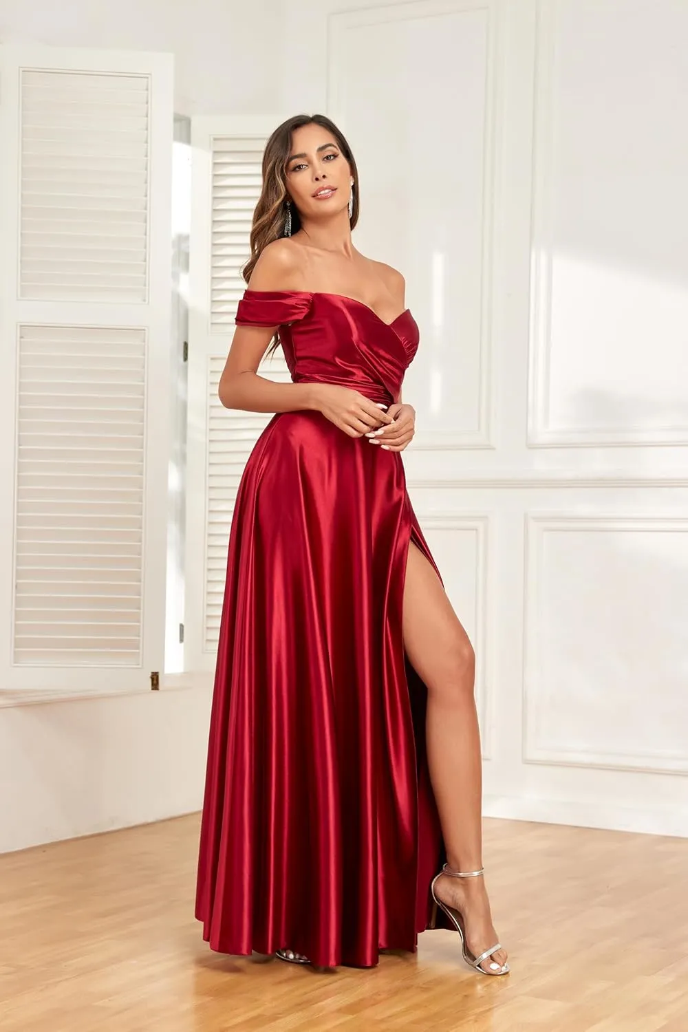 Off The Shoulder Bridesmaid Dresses Satin Prom Dress A Line Split Evening Party Dress for Women HS011