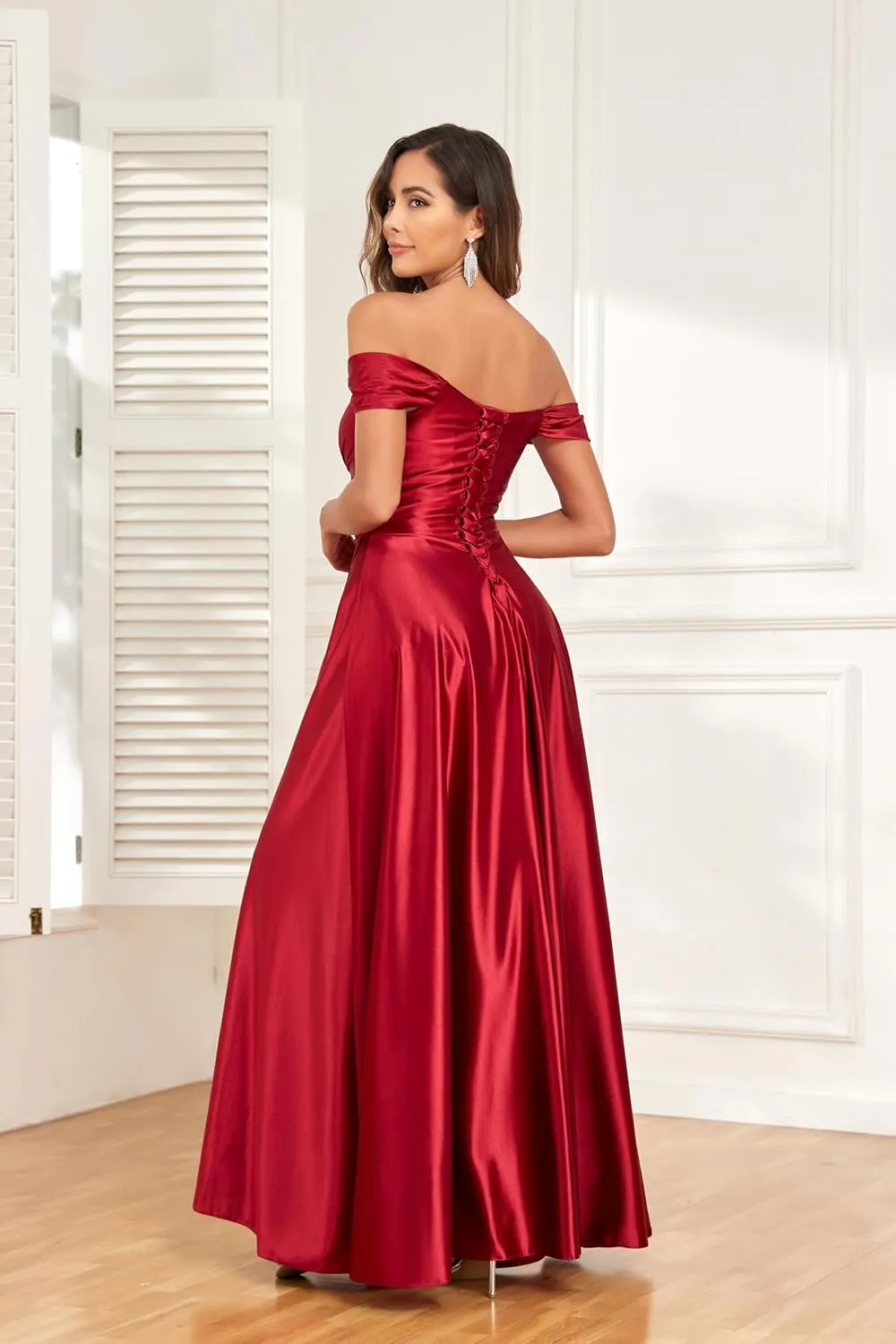 Off The Shoulder Bridesmaid Dresses Satin Prom Dress A Line Split Evening Party Dress for Women HS011