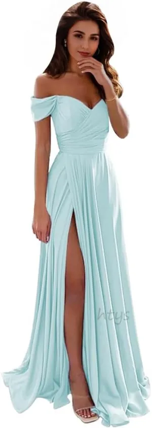 Off The Shoulder Bridesmaid Dresses Satin Prom Dress A Line Split Evening Party Dress for Women HS011