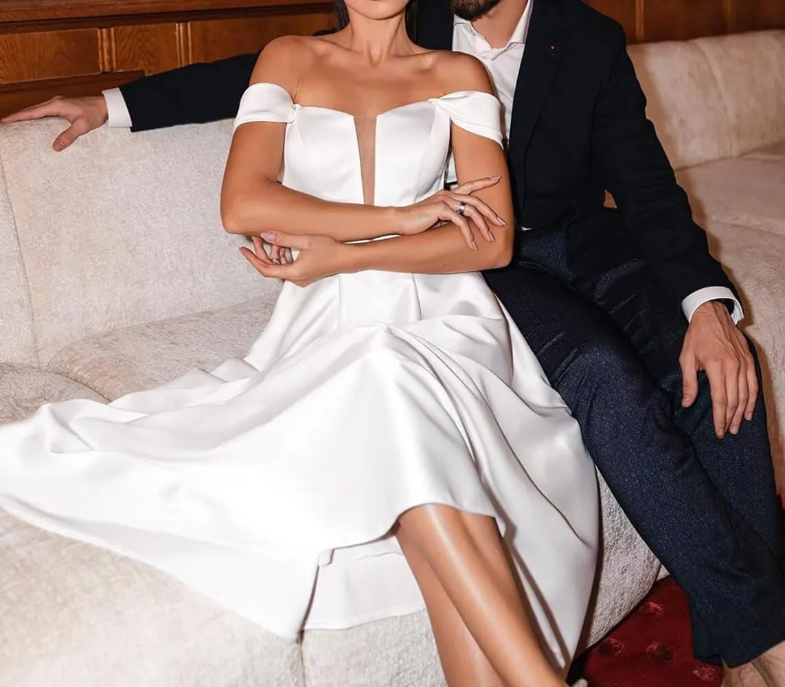 Off The Shoulder Wedding Dresses for Bride Satin Tea Length Cocktail Party Dress Corset Evening Gown for Women