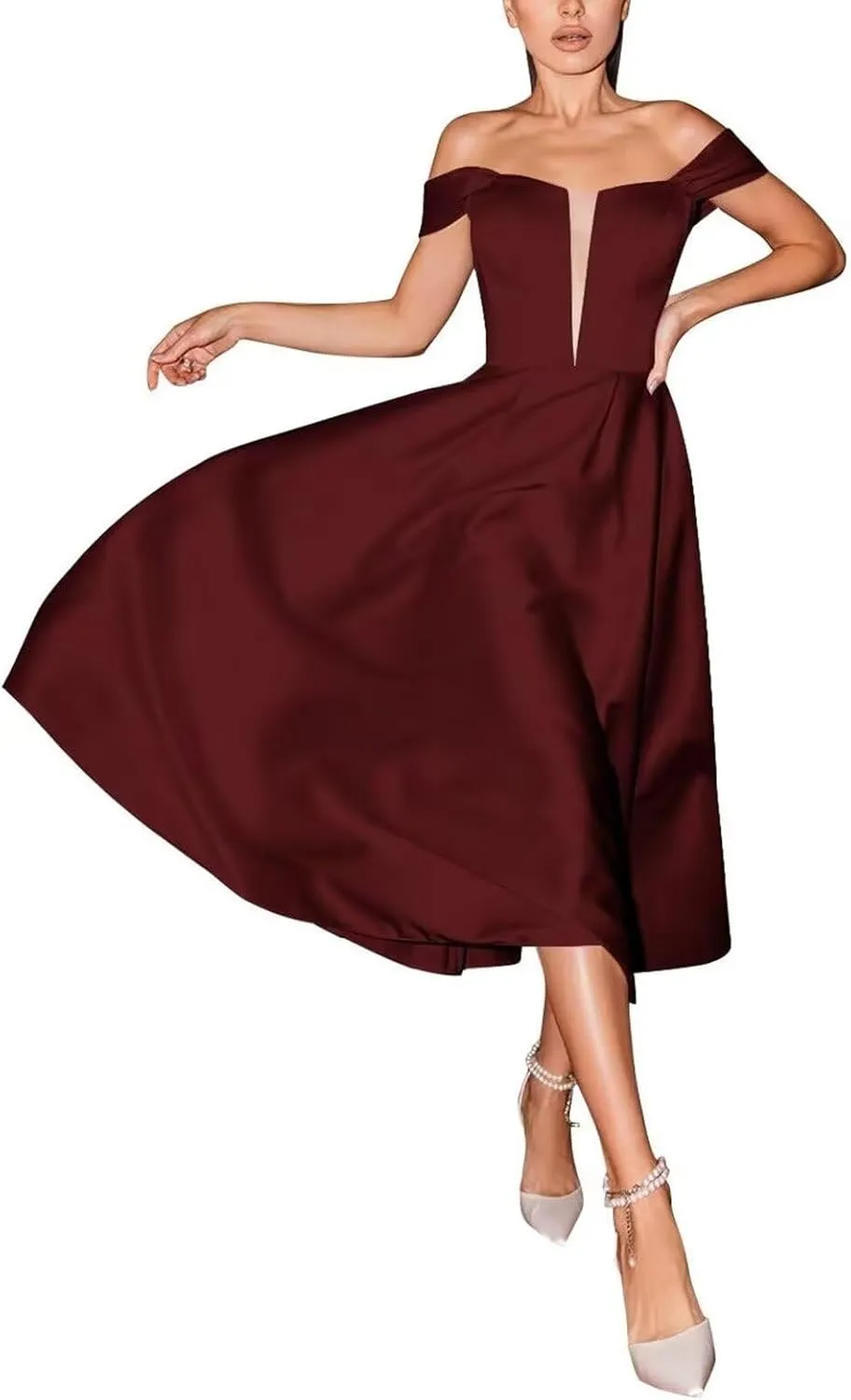 Off The Shoulder Wedding Dresses for Bride Satin Tea Length Cocktail Party Dress Corset Evening Gown for Women
