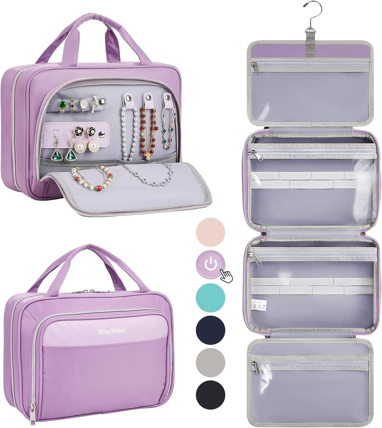 OlarHike Travel Toiletry Hanging Bag Waterproof, Makeup bag, Toiletries, Jewelry, Travel Essentials 3 in 1 Packing Organizers, Medium for Women Light Purple