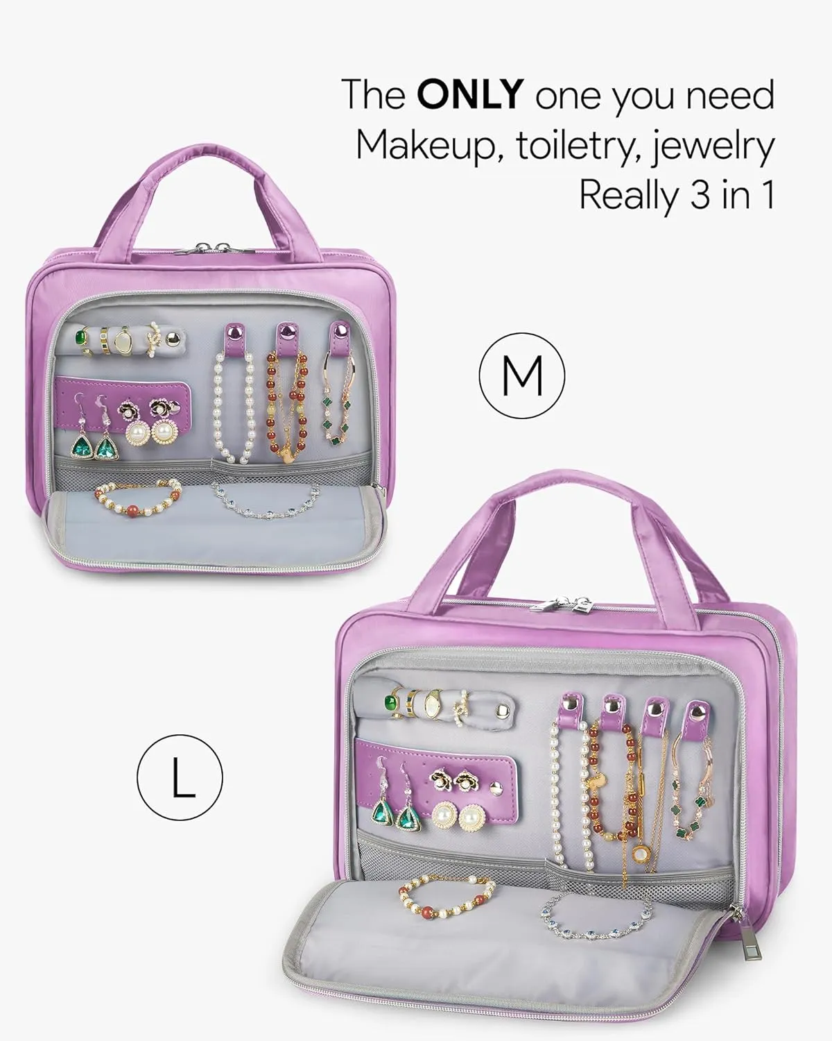 OlarHike Travel Toiletry Hanging Bag Waterproof, Makeup bag, Toiletries, Jewelry, Travel Essentials 3 in 1 Packing Organizers, Medium for Women Light Purple