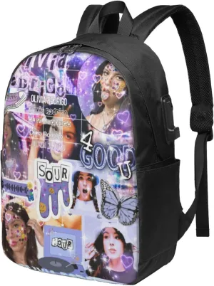 Olivia Songwriter Actress Rodrigo Laptop Backpack With Usb Charging Port Large Travel Bags Unisex Adult Sport Bags Daypack for Trip Comfortable Work Rucksack Notebook Bag for Men&Women