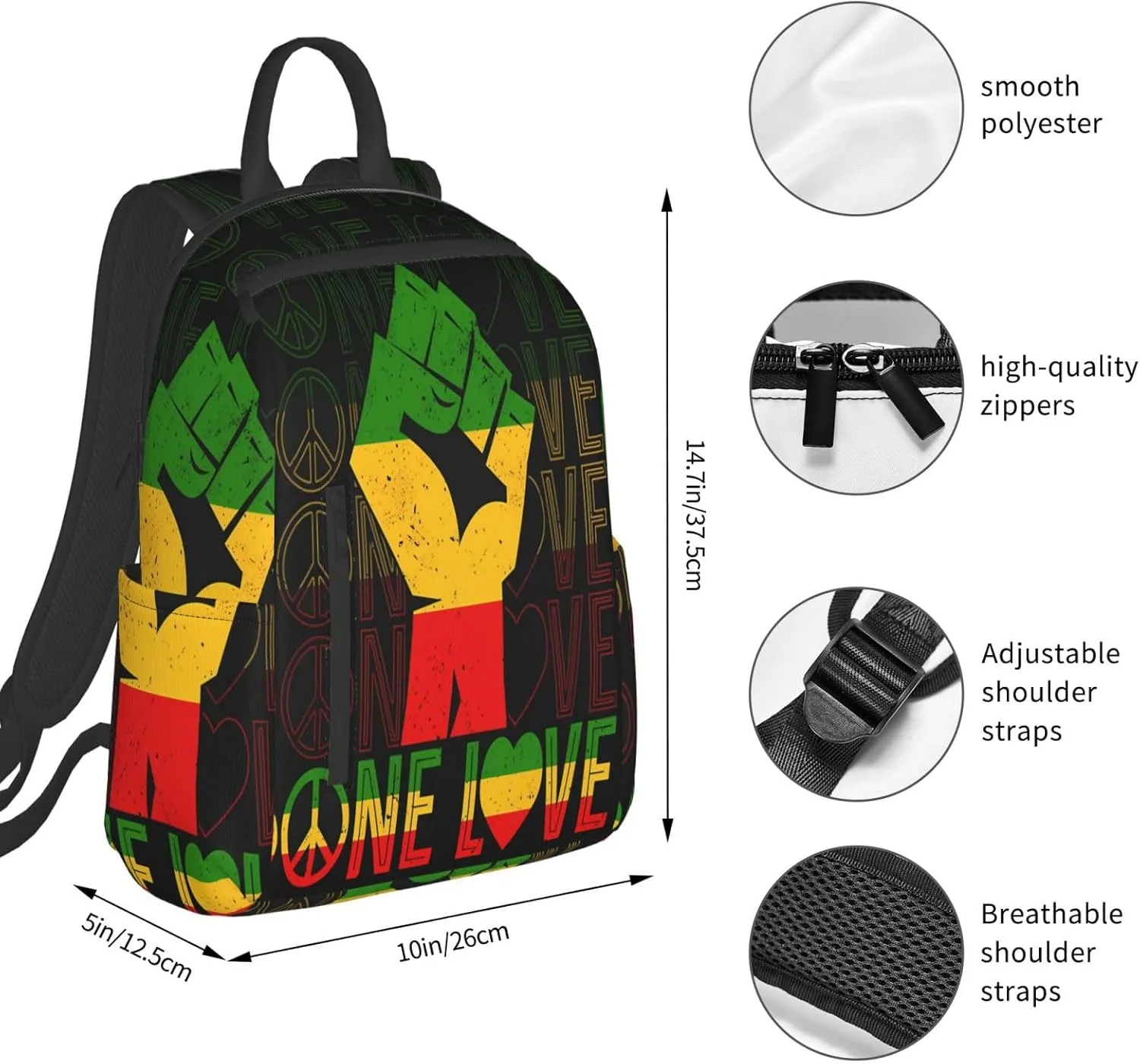 One Loves Peace Rastafari Jamaica Casual Backpacks Laptop Backpack Outdoor Travel Rucksack Sport Carry-On Daypack Lightweight Bag with Multi-Pockets