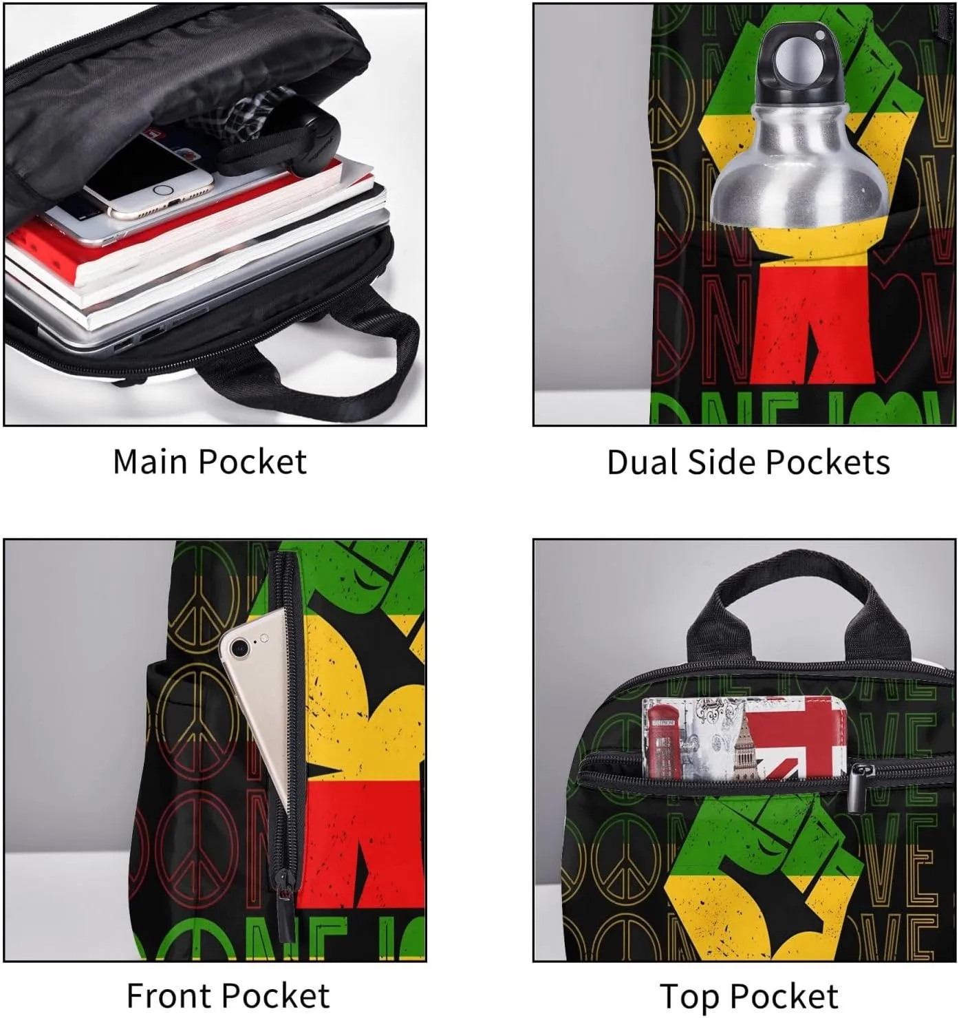 One Loves Peace Rastafari Jamaica Casual Backpacks Laptop Backpack Outdoor Travel Rucksack Sport Carry-On Daypack Lightweight Bag with Multi-Pockets