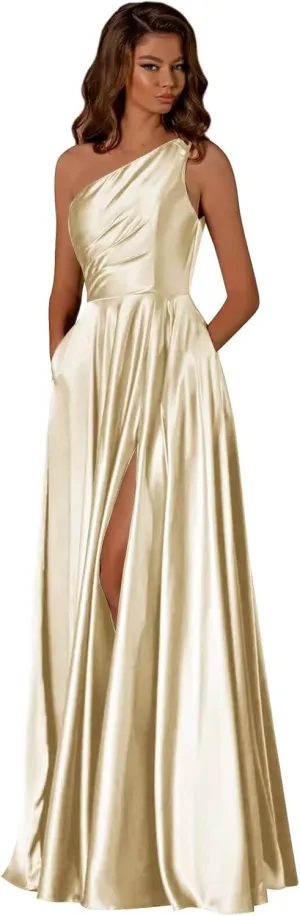 One Shoulder Bridesmaid Dresses for Women Satin Prom Dress with Pockets A Line Formal Dress with Slit