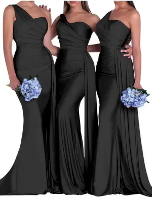 One Shoulder Bridesmaid Dresses Satin Mermaid Long Formal Dresses Pleated Prom Dress for Wedding Women