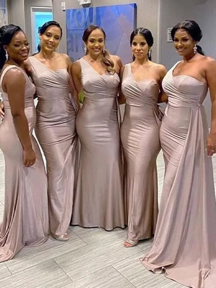 One Shoulder Bridesmaid Dresses Satin Mermaid Long Formal Dresses Pleated Prom Dress for Wedding Women