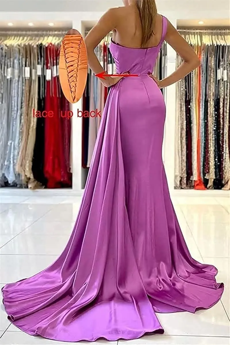 One Shoulder Bridesmaid Dresses Satin Mermaid Long Formal Dresses Pleated Prom Dress for Wedding Women
