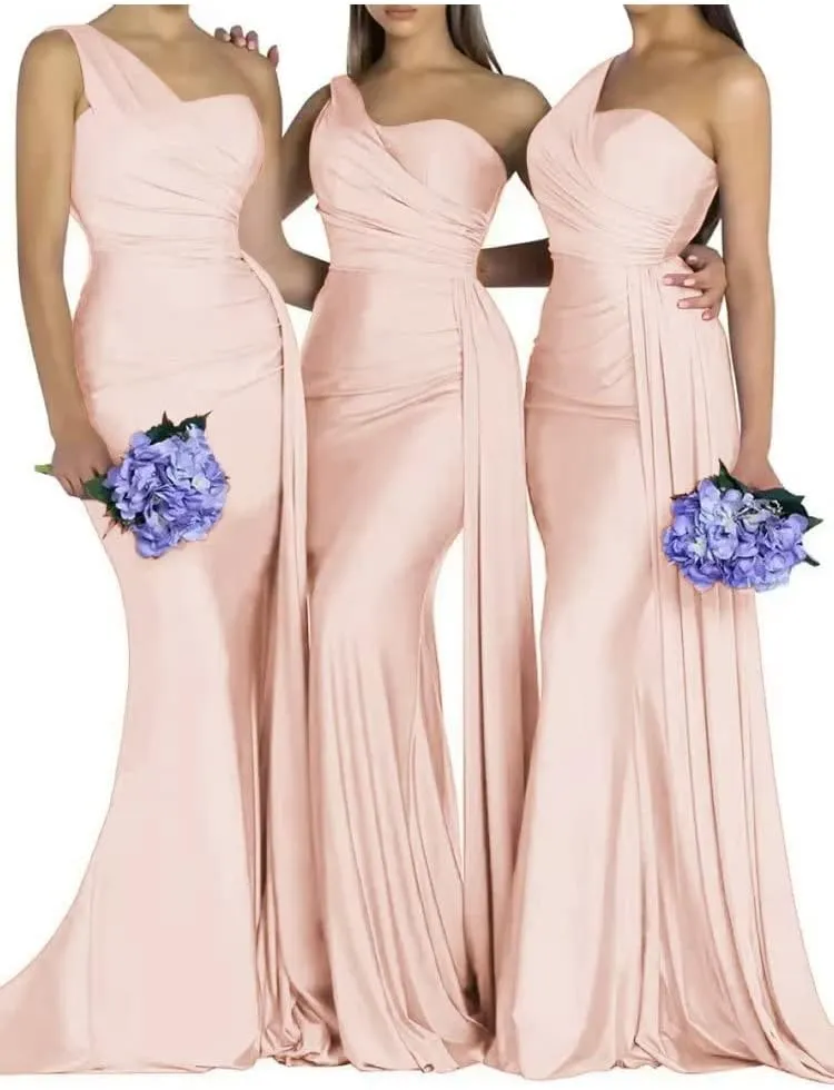 One Shoulder Bridesmaid Dresses Satin Mermaid Long Formal Dresses Pleated Prom Dress for Wedding Women