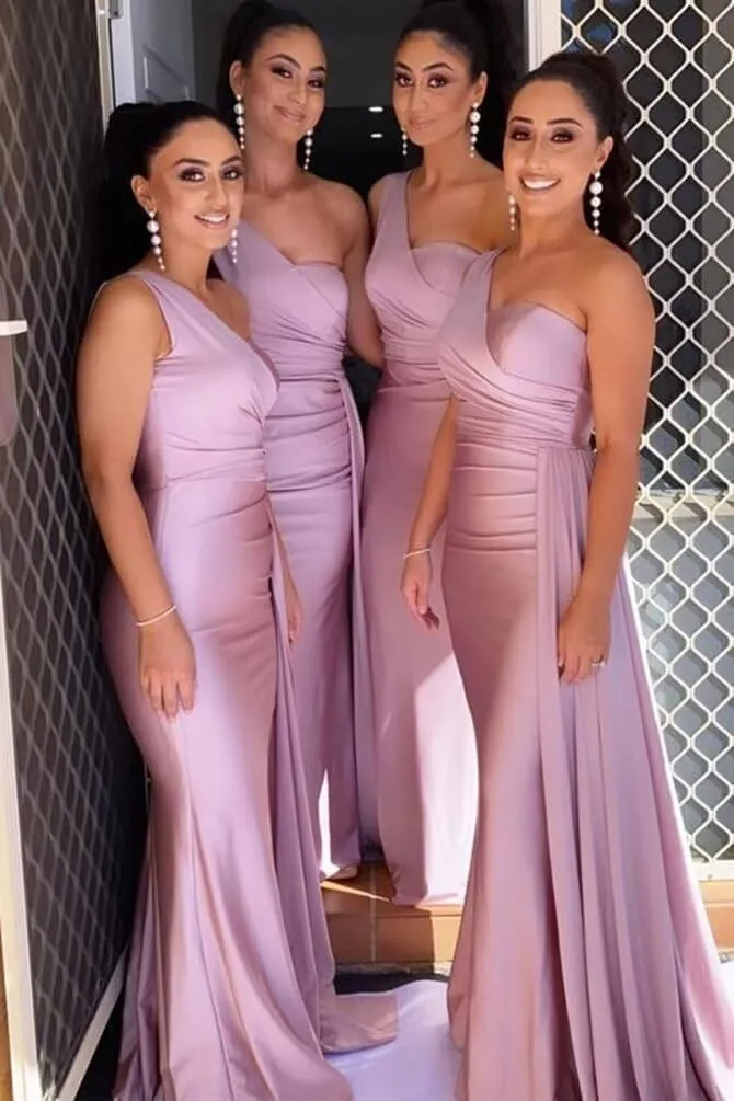 One Shoulder Bridesmaid Dresses Satin Mermaid Long Formal Dresses Pleated Prom Dress for Wedding Women
