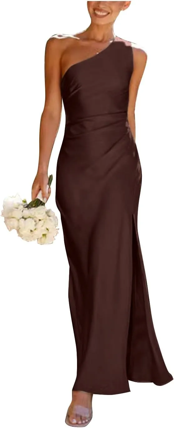 One Shoulder Bridesmaid Dresses with Slit Satin Mermaid Pleated Prom Gowns Beach Forman Dress B1020