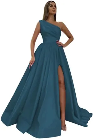 One Shoulder Prom Dresses Long 2025 New Satin Ball Gowns Formal Evening Dress with Slit,R13