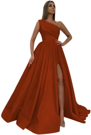 One Shoulder Prom Dresses Long 2025 New Satin Ball Gowns Formal Evening Dress with Slit,R13