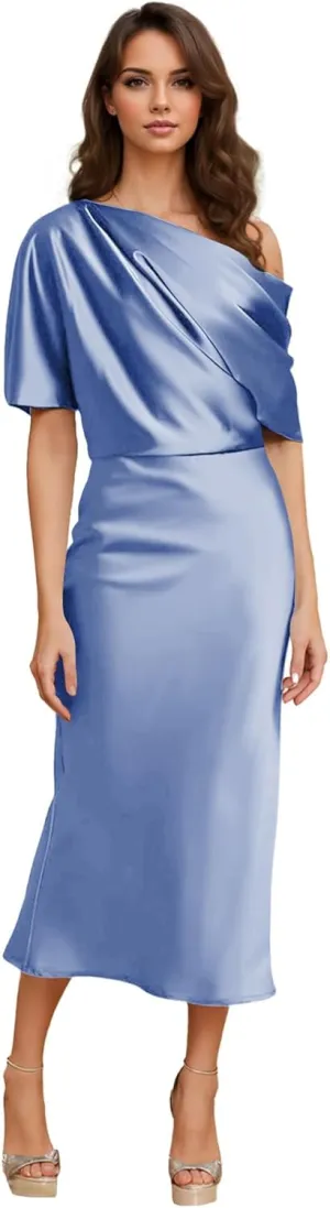 One Shoulder Satin Formal Dresses for Women Tea Length Evening Gown Evening Party Cocktail Dress