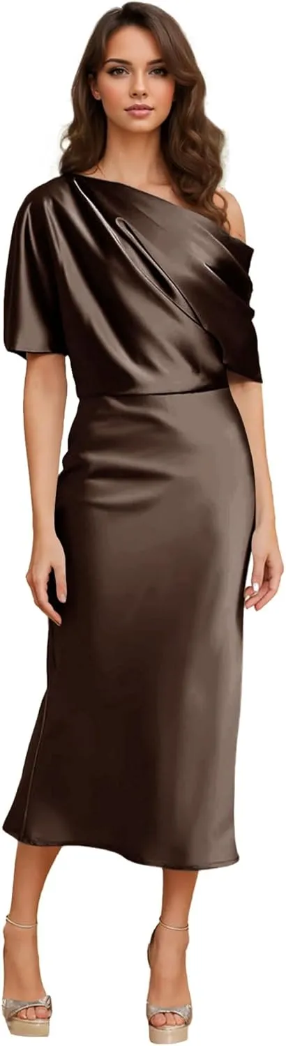 One Shoulder Satin Formal Dresses for Women Tea Length Evening Gown Evening Party Cocktail Dress