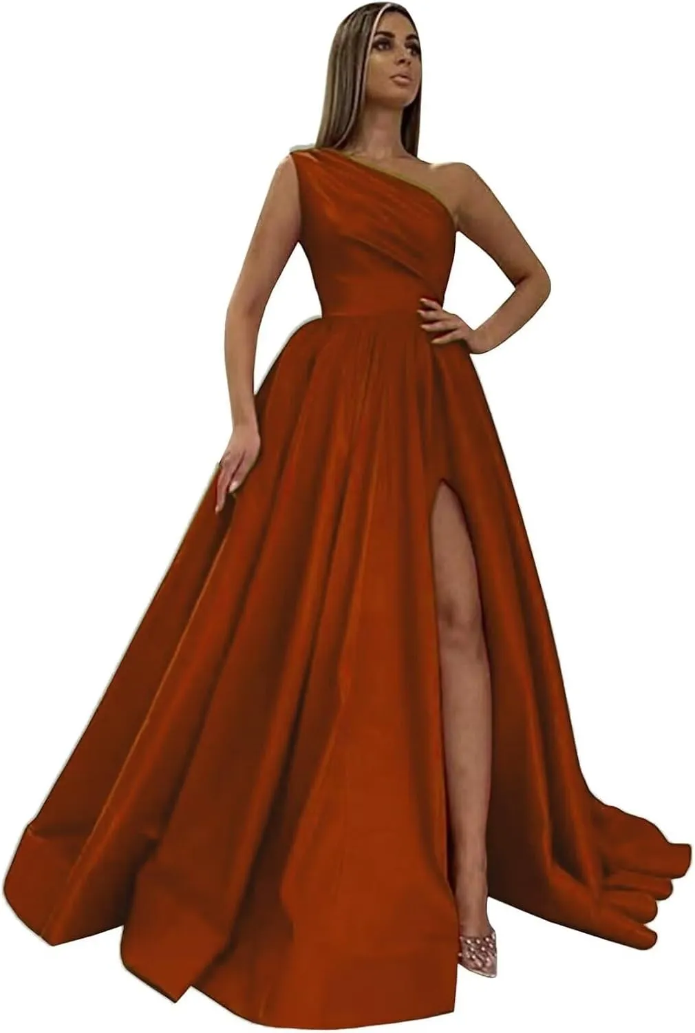One Shoulder Satin Prom Dresses with Slit Long Formal Evening Party Dress 2024 Split Ball Gown with Pockets