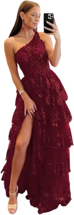 One Shoulder Sparkly Lace Tiered Tulle Prom Dresses Corset Long A Line Formal Evening Gown with Slit QA120