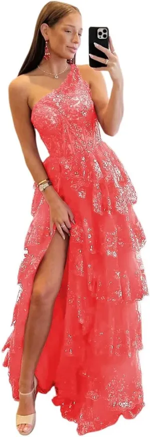 One Shoulder Sparkly Lace Tiered Tulle Prom Dresses Corset Long A Line Formal Evening Gown with Slit QA120