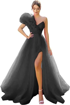One Shoulder Tulle Prom Dresses Long Bridesmaid Dresses for Women Wedding Formal Evening Party Dress with Slit