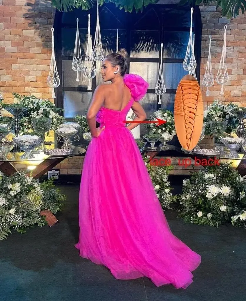One Shoulder Tulle Prom Dresses Long Bridesmaid Dresses for Women Wedding Formal Evening Party Dress with Slit