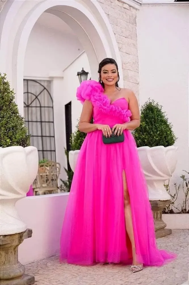 One Shoulder Tulle Prom Dresses Long Bridesmaid Dresses for Women Wedding Formal Evening Party Dress with Slit