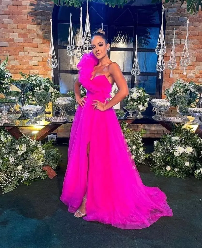 One Shoulder Tulle Prom Dresses Long Bridesmaid Dresses for Women Wedding Formal Evening Party Dress with Slit