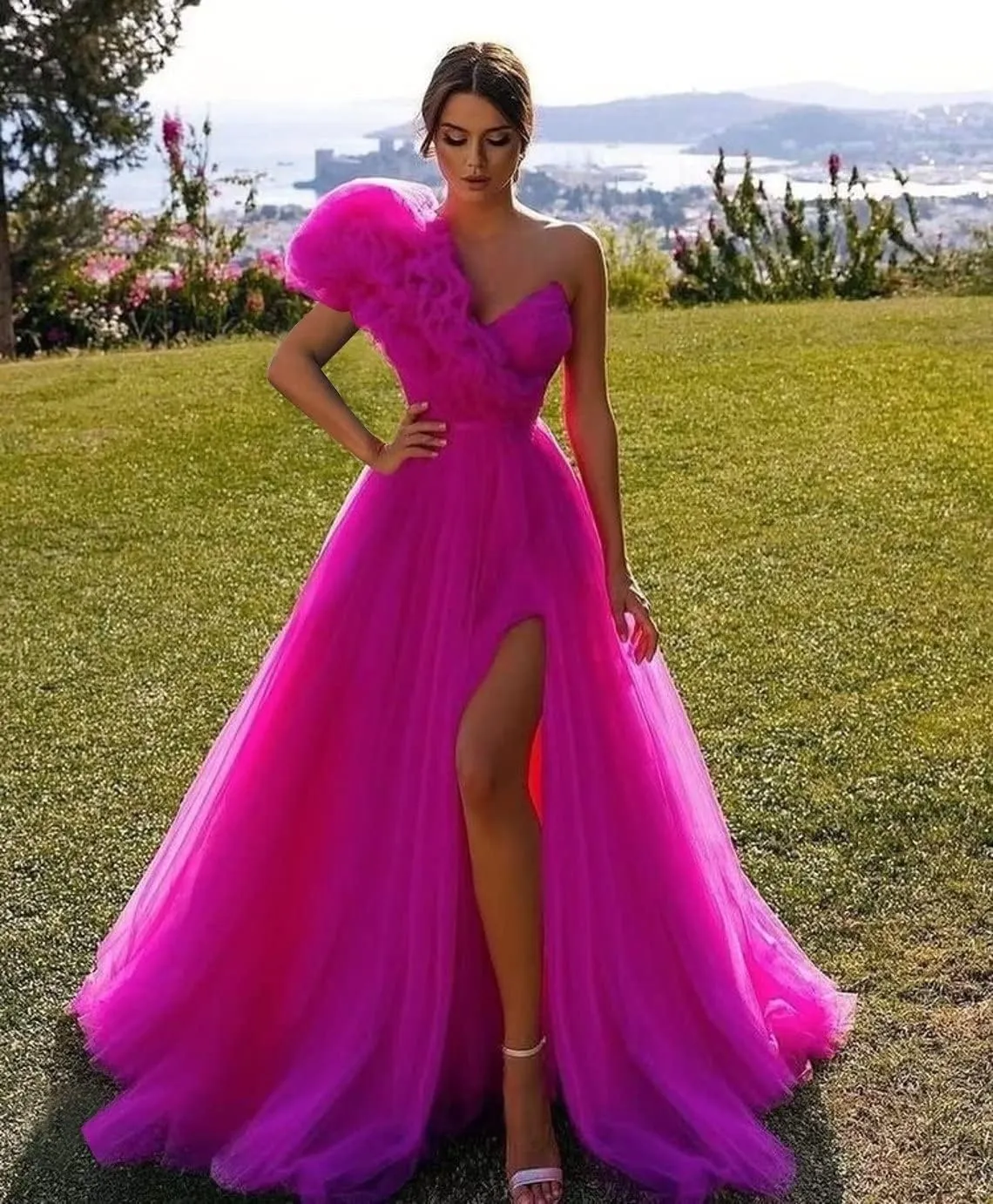 One Shoulder Tulle Prom Dresses Long Bridesmaid Dresses for Women Wedding Formal Evening Party Dress with Slit