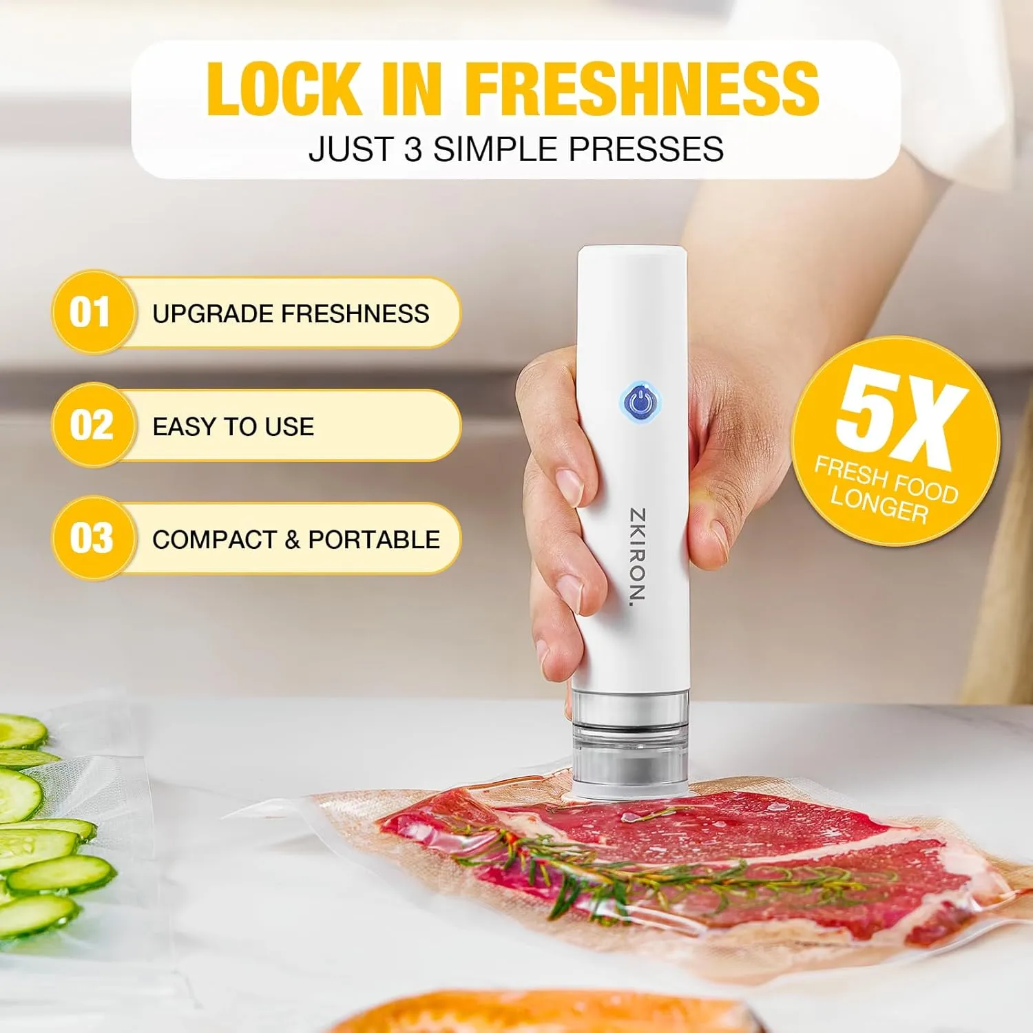 OneTouch Handheld Vacuum Sealer with 12 Reusable Vacuum Bags – Compact Food Sealer with Detachable Transparent Suction for Sous Vide, Meal Prep & Kitchen Storage, Portable Food Saver