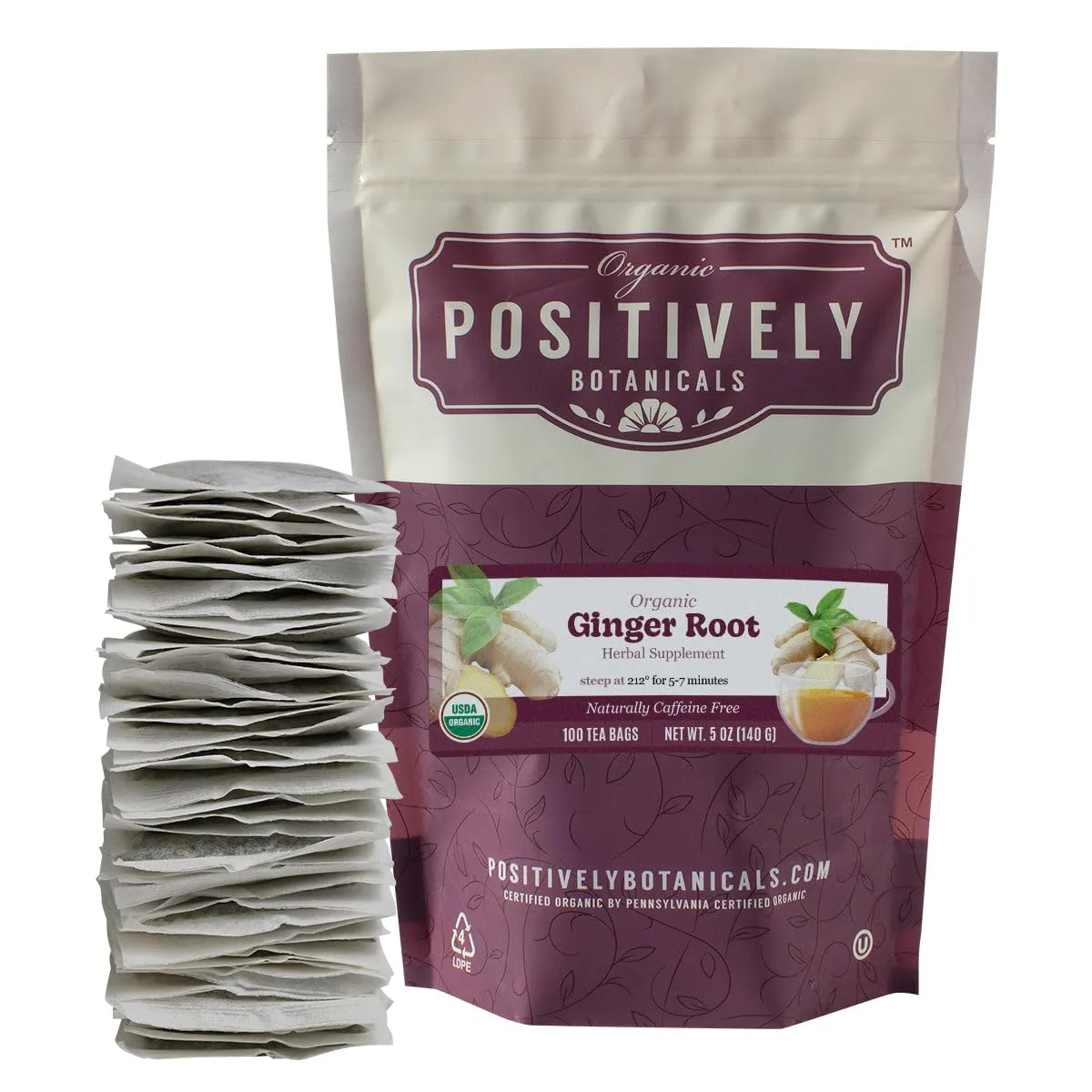 Organic Positively Botanicals Company, Ginger Root Herbal Tea Bags, 100 Count, Eco-Friendly Tea Bags, Non-GMO