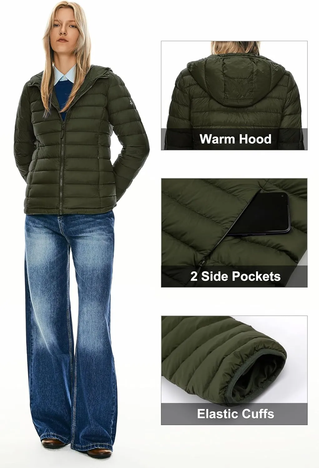 Orolay Women's Packable Down Jacket Hooded Ultra Light Weight Short Puffer Coat with Pockets