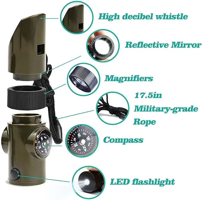 Outdoor Survival Whistle, Safety Whistle high Decibel, This Whistle Contains a Compass, Survival Reflector, LED Flashlight Light with Lanyard, The Perfect Must-Have for Outdoor Camping Adventures.