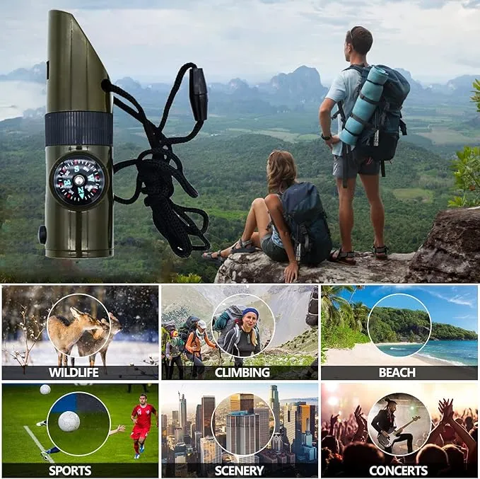 Outdoor Survival Whistle, Safety Whistle high Decibel, This Whistle Contains a Compass, Survival Reflector, LED Flashlight Light with Lanyard, The Perfect Must-Have for Outdoor Camping Adventures.